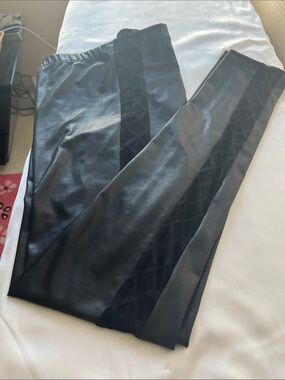 Black Faux Leather Lightweight Leggings with Sheer Diamond Pattern Side Panels